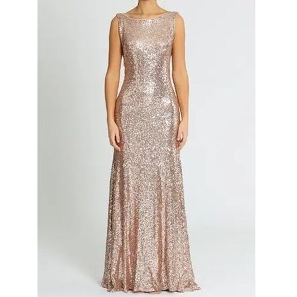Theia Rose Gold Gemma Sleeveless Cut Sequin Embellishment Maxi Gown Size 2 - Picture 1 of 7